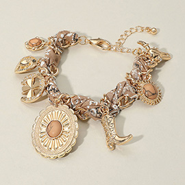 Western Cowboy Hat Boot Charm Station Fabric Chain Bracelet