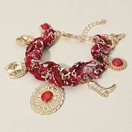 Western Cowboy Hat Boot Charm Station Fabric Chain Bracelet