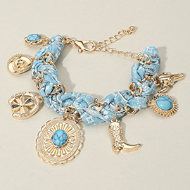 Western Cowboy Hat Boot Charm Station Fabric Chain Bracelet