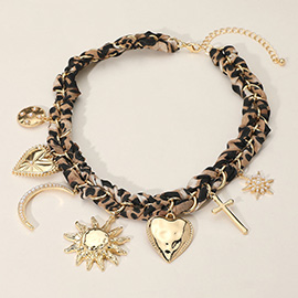 Bold Metal Heart Sun Pearl Embellished Heart Crescent Sunburst Charm Station Leopard Fabric Chain Necklace