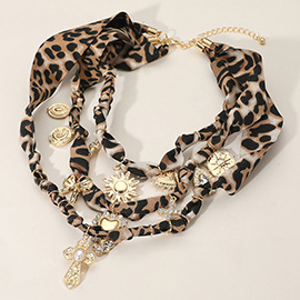Pearl Cross Heart Bow Sun Cross Charm Station Leopard Fabric Chain Triple Layerd Necklace