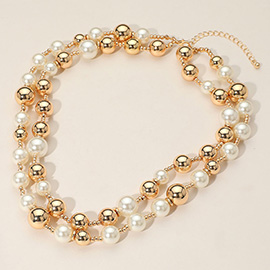 Pearl Metal Ball Beaded Double Layered Strand Necklace