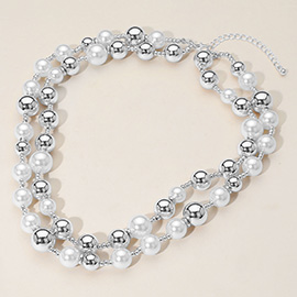 Pearl Metal Ball Beaded Double Layered Strand Necklace