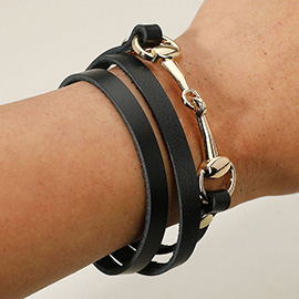 Metal Horsebit Clasp Accent Faux Leather Wrap Magnetic Bracelet