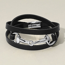 Metal Horsebit Clasp Accent Faux Leather Wrap Magnetic Bracelet