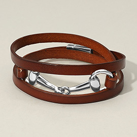 Metal Horsebit Clasp Accent Faux Leather Wrap Magnetic Bracelet