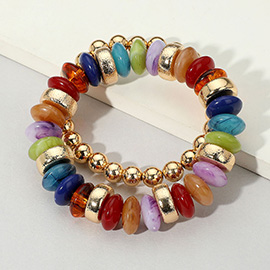 2PCS - Natural Stone Metal Ball Beaded Stretch Double Layered Bracelets