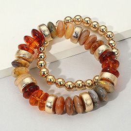 2PCS - Natural Stone Metal Ball Beaded Stretch Double Layered Bracelets