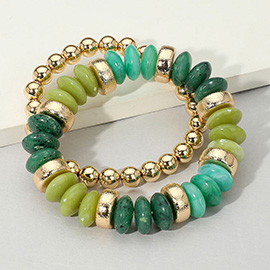 2PCS - Natural Stone Metal Ball Beaded Stretch Double Layered Bracelets