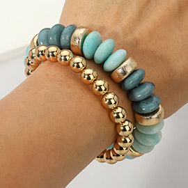 2PCS - Natural Stone Metal Ball Beaded Stretch Double Layered Bracelets