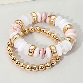 2PCS - Natural Stone Metal Ball Beaded Stretch Double Layered Bracelets