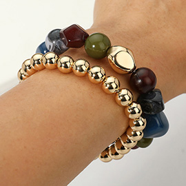 2PCS - Colorful Pebble Beaded Stretch Multi Layered Bracelets