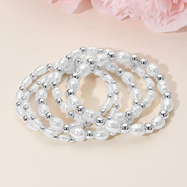 5PCS - Organic Shaped Pearl Metal Ball Beaded Stretch Multi Layered Bracelets