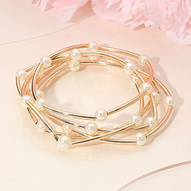 5PCS - Pearl Metal Bar Beaded Stretch Multi Layered Bracelets