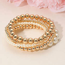 5PCS - Pearl Metal Ball Beaded Stretch Multi Layered Bracelets