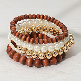 6PCS - Wooden Metal Pearl Ball Beaded Stretch Multi Layered Bracelets