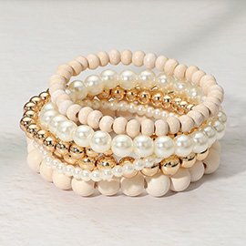 6PCS - Wooden Metal Pearl Ball Beaded Stretch Multi Layered Bracelets