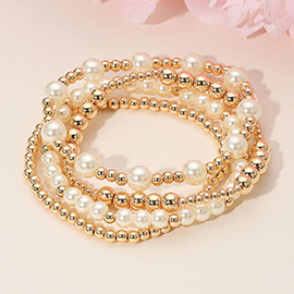 4PCS - Pearl Metal Ball Beaded Stretch Multi Layered Bracelets