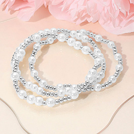 3PCS - Pearl Metal Ball Beaded Stretch Multi Layered Bracelets
