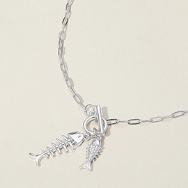 Fishbone Charm Toggle Pendant Paper Clip Chain Necklace
