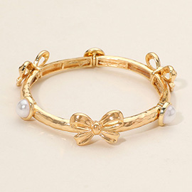 Pearl Metal Bow Accent Stretch Bangle Bracelet