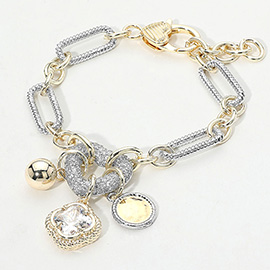14K Gold Plated Two Tone CZ Stone Paved Heart Link Quatrefoil Stone Ball Charm Accent Bracelet