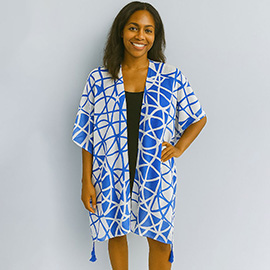 Bold Geometric Pattern Tassel Detail Open Front Kimono Poncho