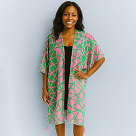 Bold Geometric Pattern Tassel Detail Open Front Kimono Poncho