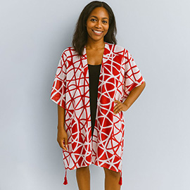 Bold Geometric Pattern Tassel Detail Open Front Kimono Poncho