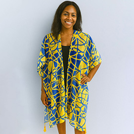 Bold Geometric Pattern Tassel Detail Open Front Kimono Poncho