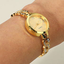 SECRET BOX_Stainless Steel Rhinestone Accent Elegant Adjustable Quartz Watch Bracelet