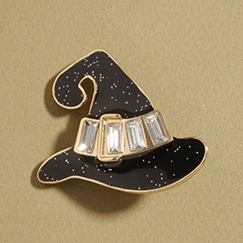 Gem Stone Accent Halloween Witch Hat Pin Brooch