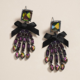 Bow Accent Glass Stone Skeleton Hand Dangle Earrings