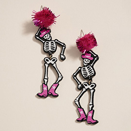 Western Cowboy Halloween Pom Pom Skeleton Earrings