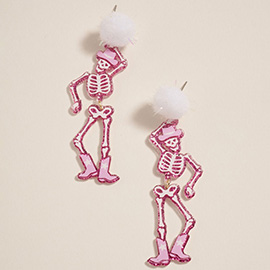 Western Cowboy Halloween Pom Pom Skeleton Earrings