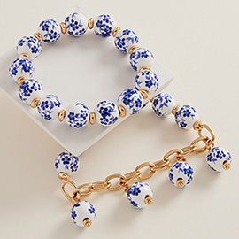 2PCS - Floral Ceramic Ball Beaded Stretch Multi Layered Bracelets
