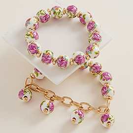 2PCS - Floral Ceramic Ball Beaded Stretch Multi Layered Bracelets