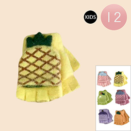 12Pairs - Kids Fruit Fingerless Flip Top Knit Winter Gloves