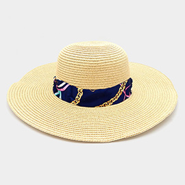 Wide Brim Chain Printed Silk Like Fabric Band Straw Hat