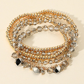 5PCS - Round Stone Charm Station Faceted Beaded Stretch Multi Layered Bracelets
