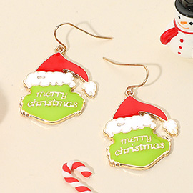 MERRY CHRISTMAS Message Green Monster Santa Dangle Earrings