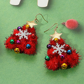 Star Top Snowflake Accent Pom Pom Christmas Dangle Earrings