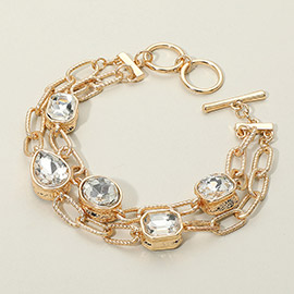 Faceted Oval Teardrop Rectangular Stone Cluster Link Metal Chain Layered Bracelet