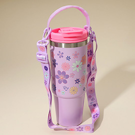 HOT FOCUS - Stainless Steel Floral Pattern Tumbler with Shoulder Strap