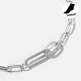 White Gold Dipped CZ Stone Paved Link Accent Paperclip Chain Anklet