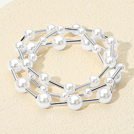 3PCS - Pearl Metal Bar Beaded Stretch Multi Layered Bracelets