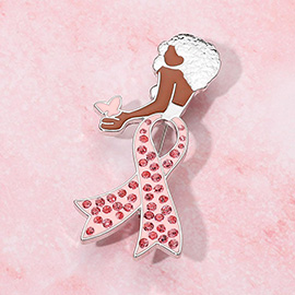 Stone Paved Pink Ribbon Enamel Afro Woman Pin Brooch