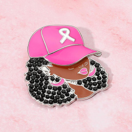 Rhinestone Paved Cool Afro Woman in Awareness Pink Ribbon Cap Pin Brooch