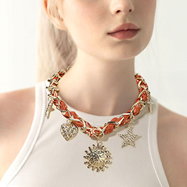 Sun Star Heart Cross Charm Bandana Fabric Chain Necklace