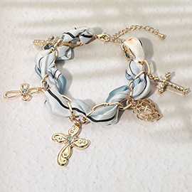 Cross Heart Charm Embellished Scarf Fabric Chain Bracelet